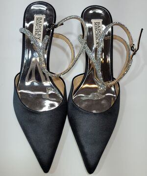 Badgley Mischka Black Satin Crystal Ankle Strap Kitten Heels Women Size 8